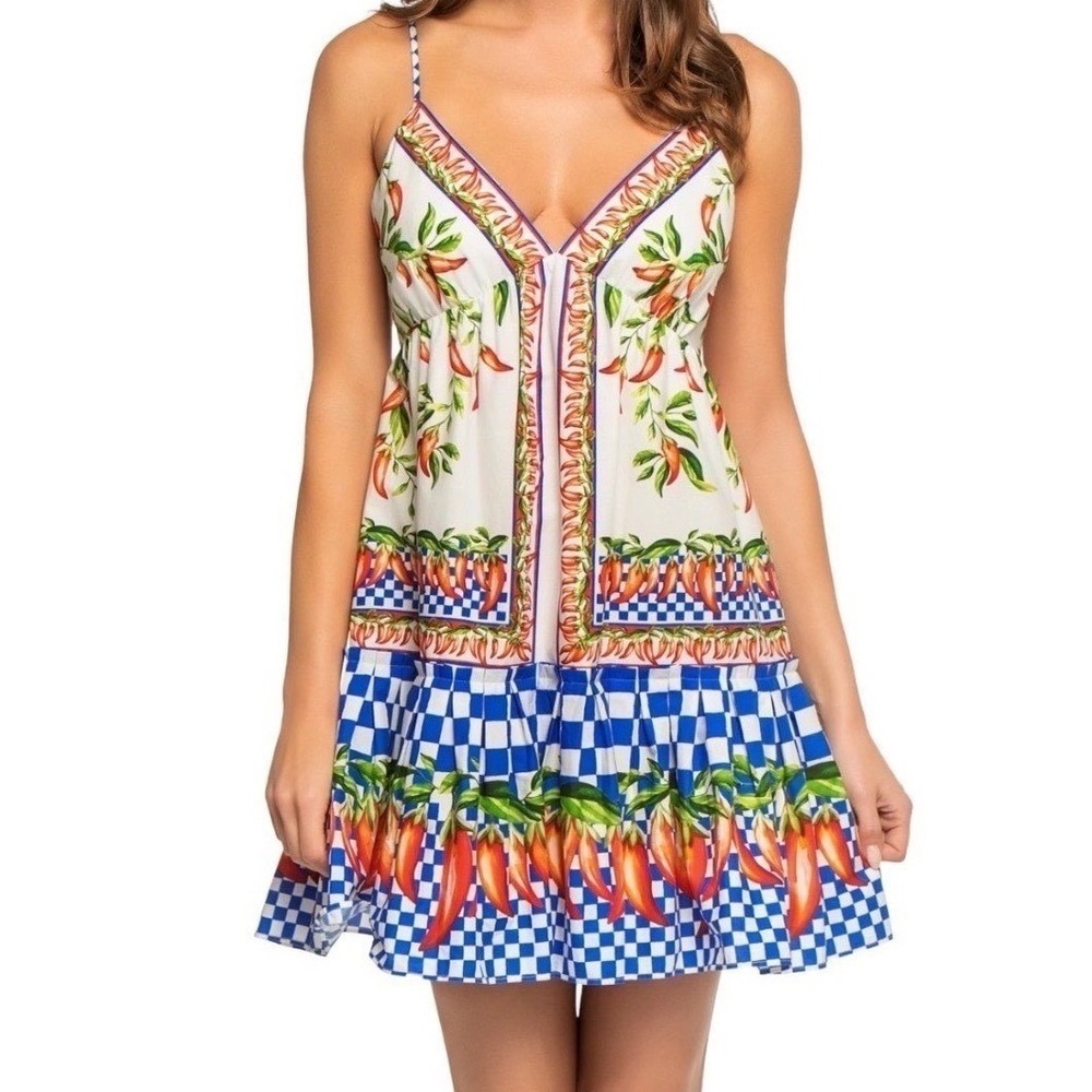 FARM Rio Mini Dress Red White Blue Checkered V-neck Chili Peppers NWT - Medium